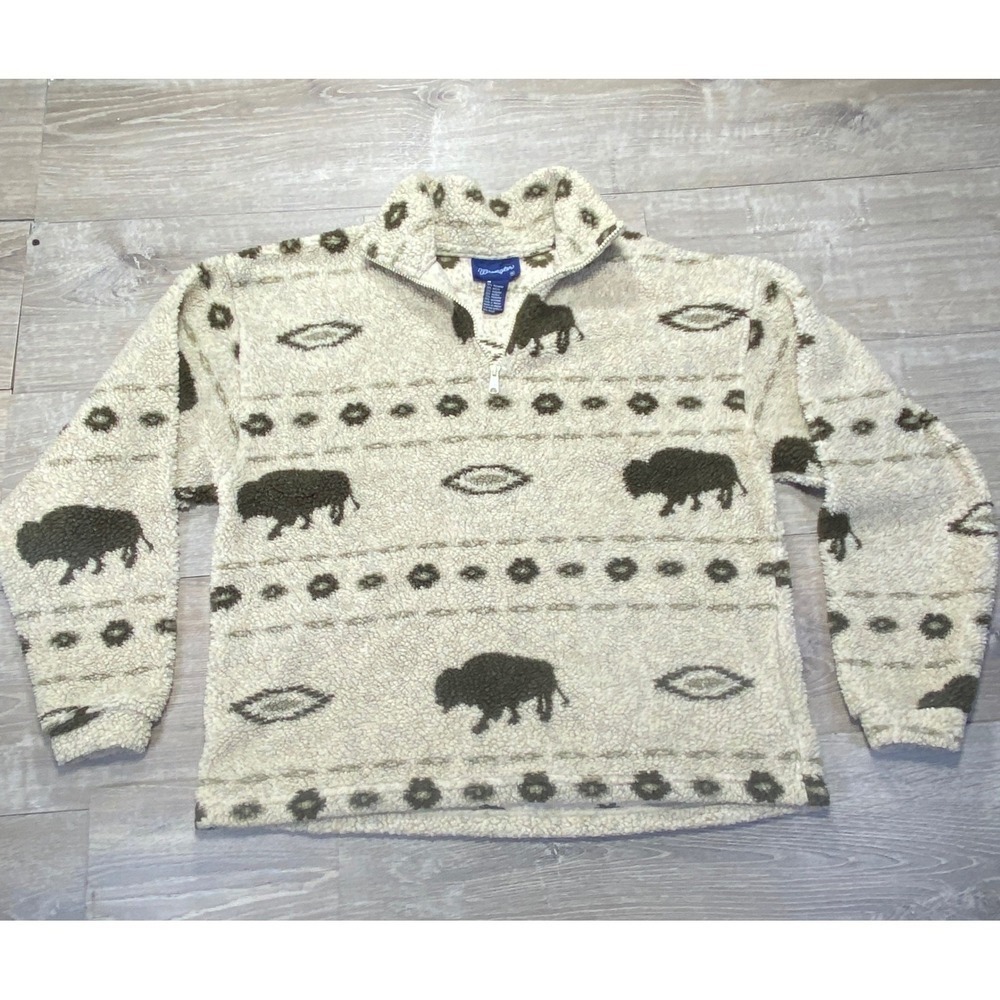 Wrangler Fleece Pullover Mens M Cream Buffalo Print Sherpa Quarter Zip Outdoor